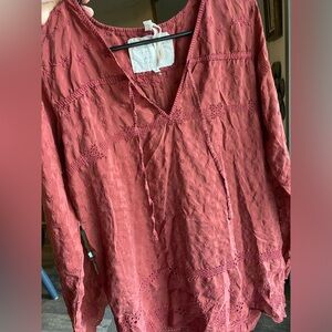 Johnny Was Vintage 100% Silk Eyelet Tunic Top Burgundy Maroon S